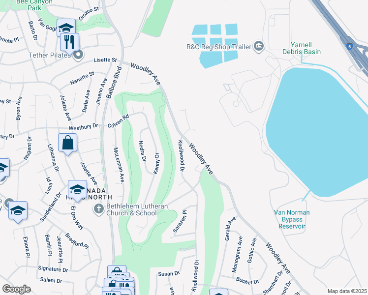 map of restaurants, bars, coffee shops, grocery stores, and more near 16426 Knollwood Drive in Los Angeles