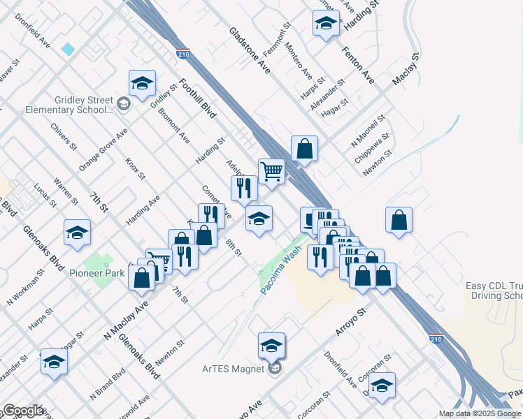 map of restaurants, bars, coffee shops, grocery stores, and more near 13254 Maclay Street in San Fernando