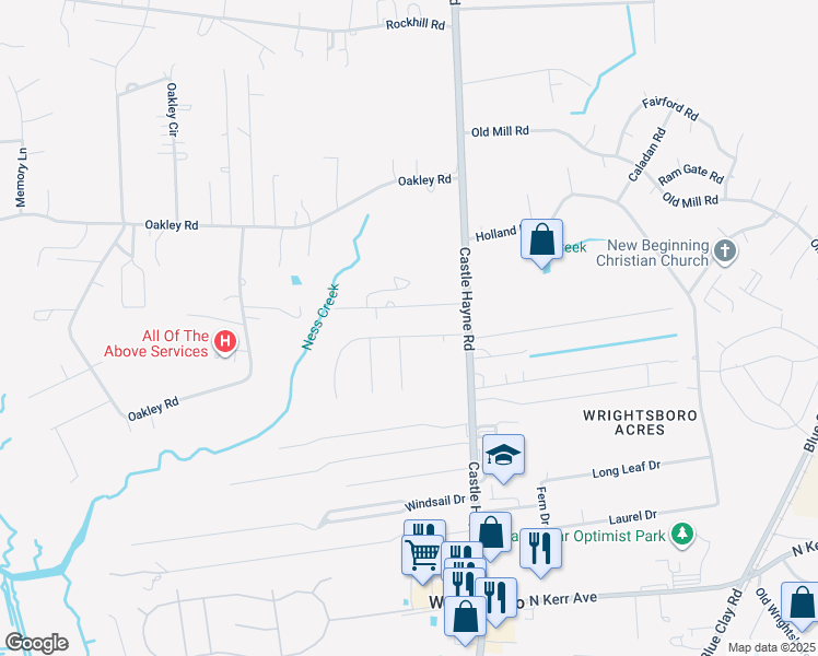 map of restaurants, bars, coffee shops, grocery stores, and more near 1905 North County Drive in Castle Hayne