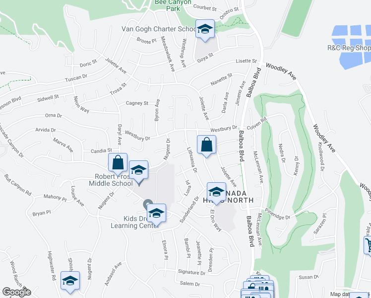 map of restaurants, bars, coffee shops, grocery stores, and more near 12451 Lithuania Drive in Los Angeles