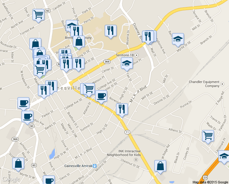 map of restaurants, bars, coffee shops, grocery stores, and more near 702 Summit Street Southeast in Gainesville