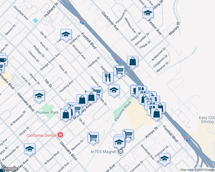 map of restaurants, bars, coffee shops, grocery stores, and more near 13254 Maclay Street in San Fernando
