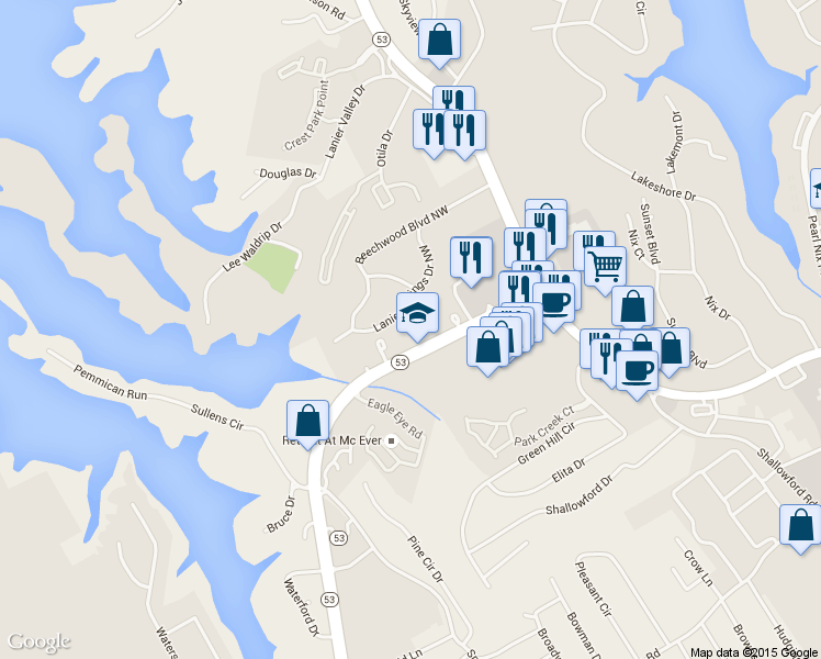 map of restaurants, bars, coffee shops, grocery stores, and more near 938 McEver Road in Gainesville