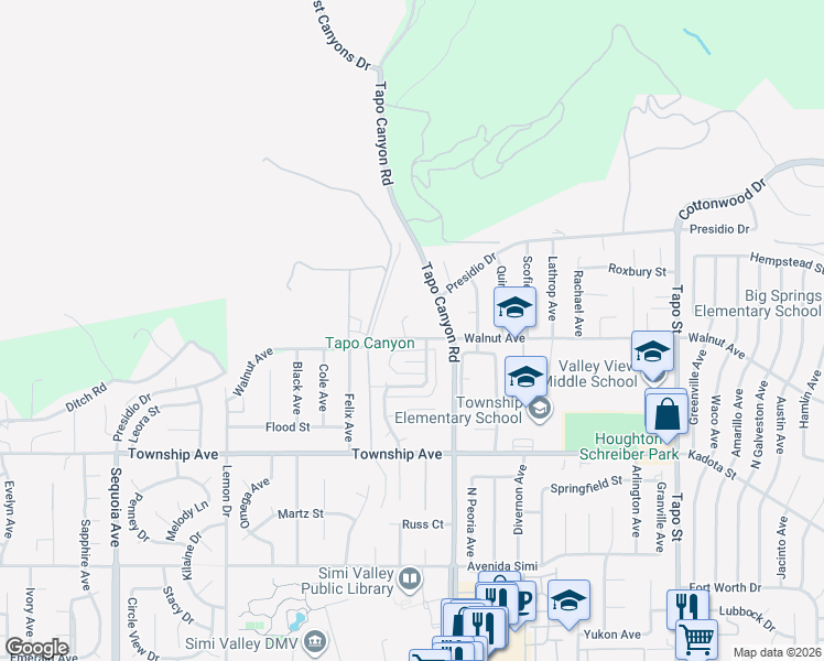 map of restaurants, bars, coffee shops, grocery stores, and more near 3941 Walnut Avenue in Simi Valley