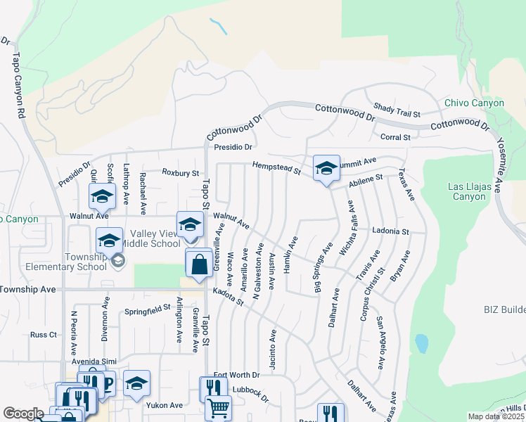 map of restaurants, bars, coffee shops, grocery stores, and more near 3448 Amarillo Avenue in Simi Valley