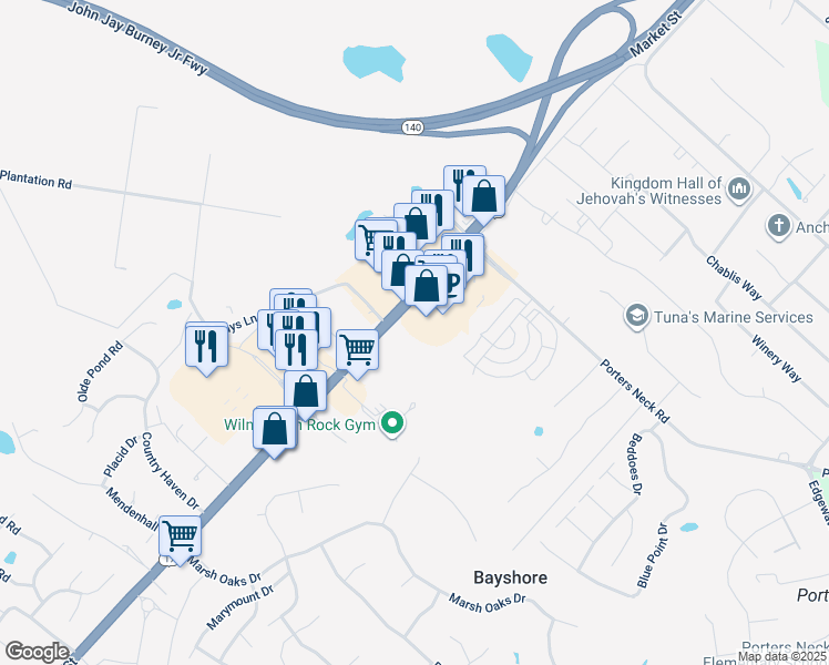 map of restaurants, bars, coffee shops, grocery stores, and more near 8232 Market Street in Wilmington