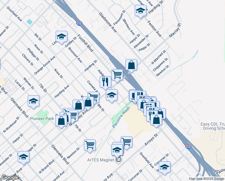 map of restaurants, bars, coffee shops, grocery stores, and more near 13238 Maclay Street in San Fernando