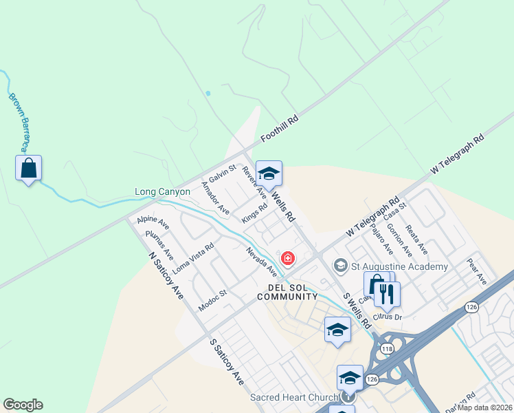 map of restaurants, bars, coffee shops, grocery stores, and more near 10945 Kings Road in Ventura