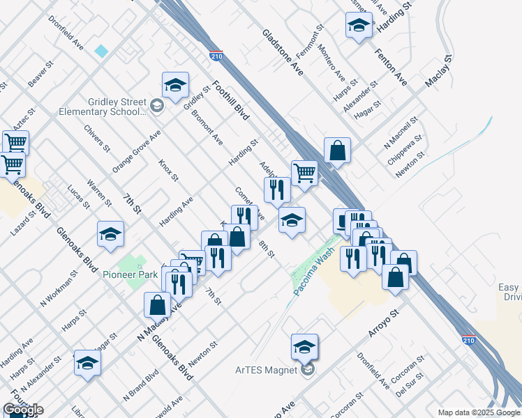 map of restaurants, bars, coffee shops, grocery stores, and more near 12524 Cometa Avenue in San Fernando