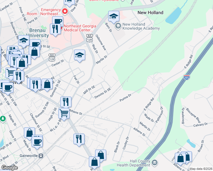 map of restaurants, bars, coffee shops, grocery stores, and more near 1240 Mill Street Southeast in Gainesville
