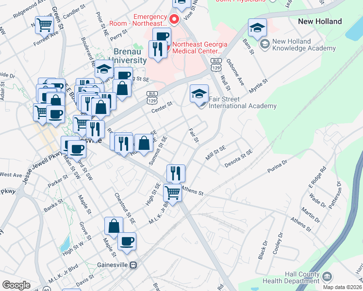 map of restaurants, bars, coffee shops, grocery stores, and more near 820 High Street Southeast in Gainesville
