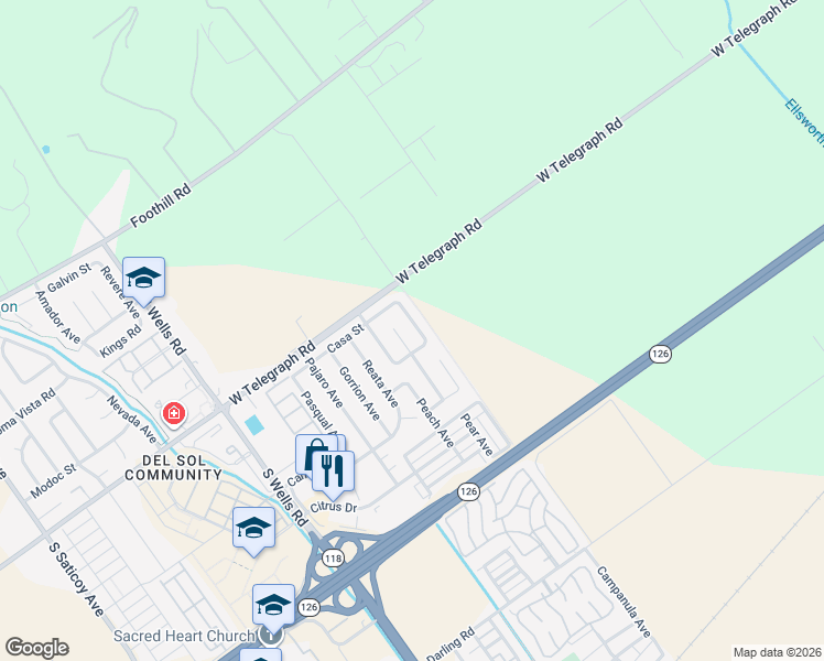 map of restaurants, bars, coffee shops, grocery stores, and more near 127 Date Avenue in Ventura