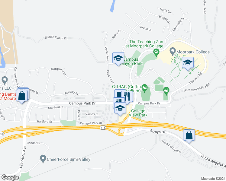 map of restaurants, bars, coffee shops, grocery stores, and more near 6733 Pecan Avenue in Moorpark
