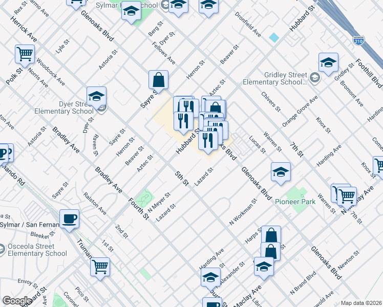 map of restaurants, bars, coffee shops, grocery stores, and more near 14132 Hubbard Street in San Fernando