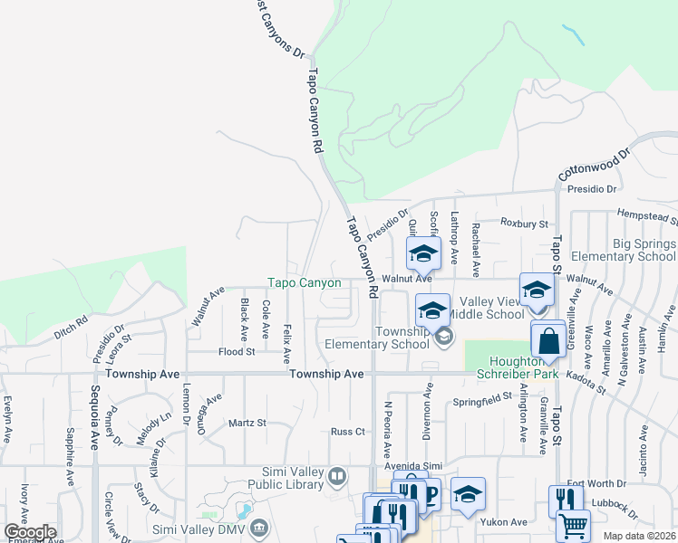 map of restaurants, bars, coffee shops, grocery stores, and more near 3941 Walnut Avenue in Simi Valley