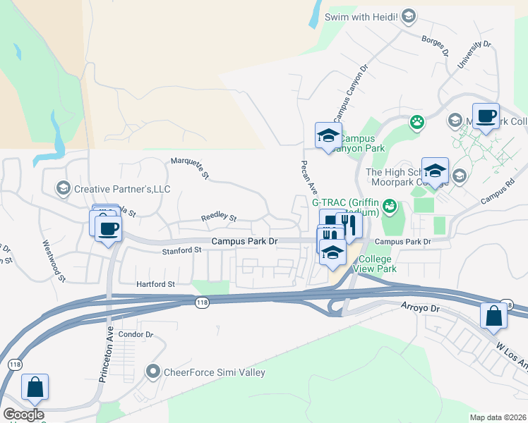 map of restaurants, bars, coffee shops, grocery stores, and more near 15091 Reedley Street in Moorpark