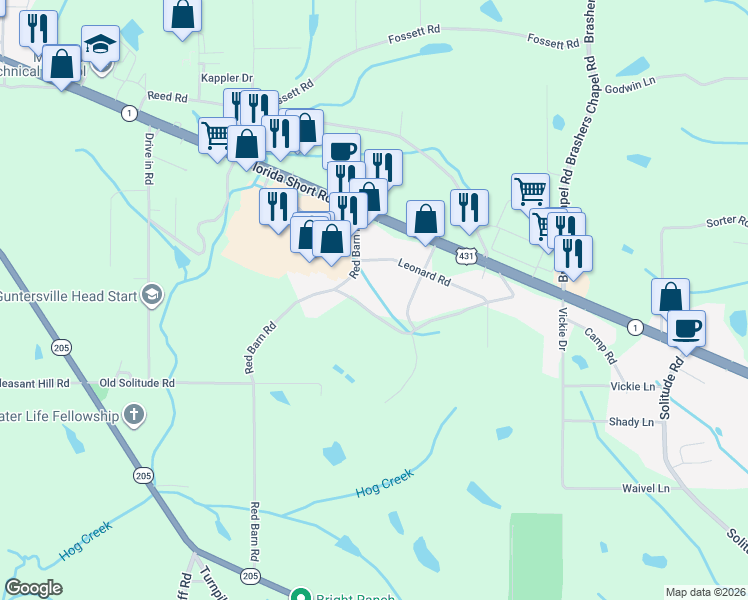 map of restaurants, bars, coffee shops, grocery stores, and more near 77 Miller Road in Guntersville