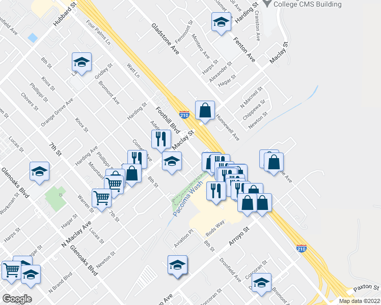 map of restaurants, bars, coffee shops, grocery stores, and more near 13100 Foothill Boulevard in Los Angeles