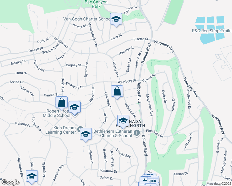 map of restaurants, bars, coffee shops, grocery stores, and more near 12454 El Oro Way in Los Angeles