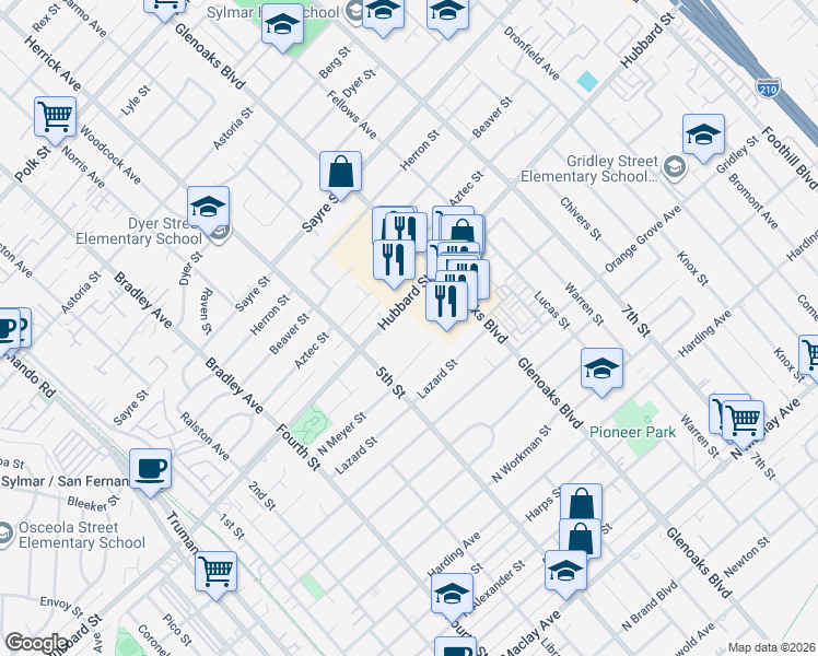 map of restaurants, bars, coffee shops, grocery stores, and more near 14132 Hubbard Street in San Fernando