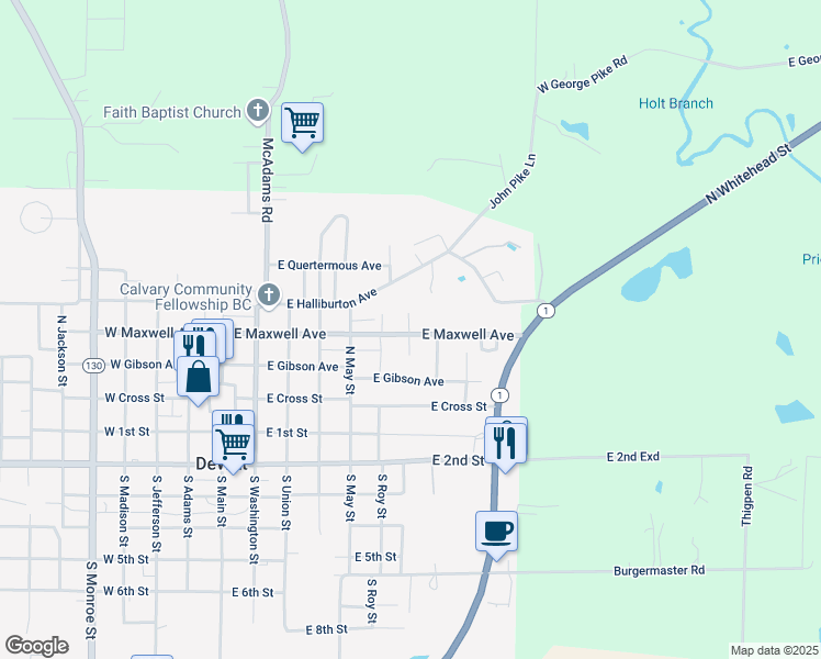 map of restaurants, bars, coffee shops, grocery stores, and more near 701 East Maxwell Avenue in DeWitt