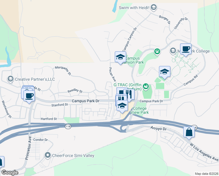 map of restaurants, bars, coffee shops, grocery stores, and more near 6733 Pecan Avenue in Moorpark