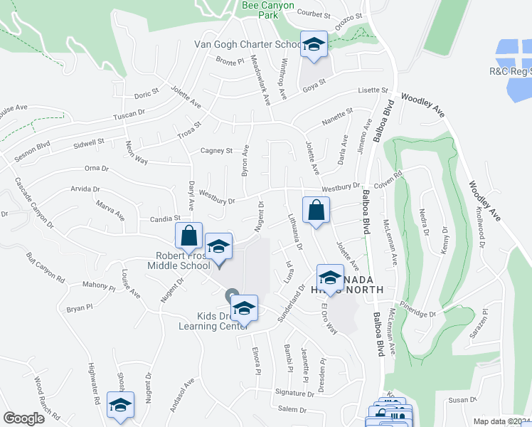map of restaurants, bars, coffee shops, grocery stores, and more near 12500 Nugent Drive in Los Angeles