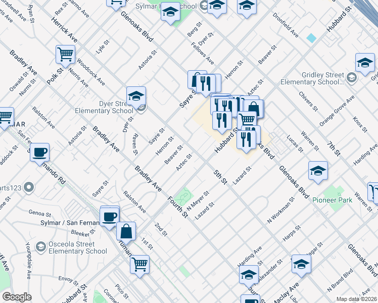 map of restaurants, bars, coffee shops, grocery stores, and more near 14226 Aztec Street in Los Angeles