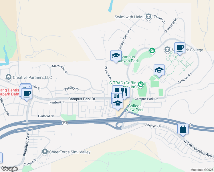 map of restaurants, bars, coffee shops, grocery stores, and more near 15175 Marquette Street in Moorpark
