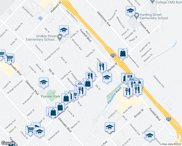 map of restaurants, bars, coffee shops, grocery stores, and more near 12547 Cometa Avenue in San Fernando