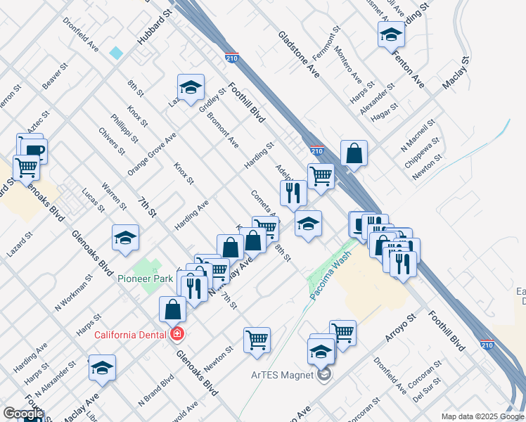 map of restaurants, bars, coffee shops, grocery stores, and more near 12547 Cometa Avenue in San Fernando