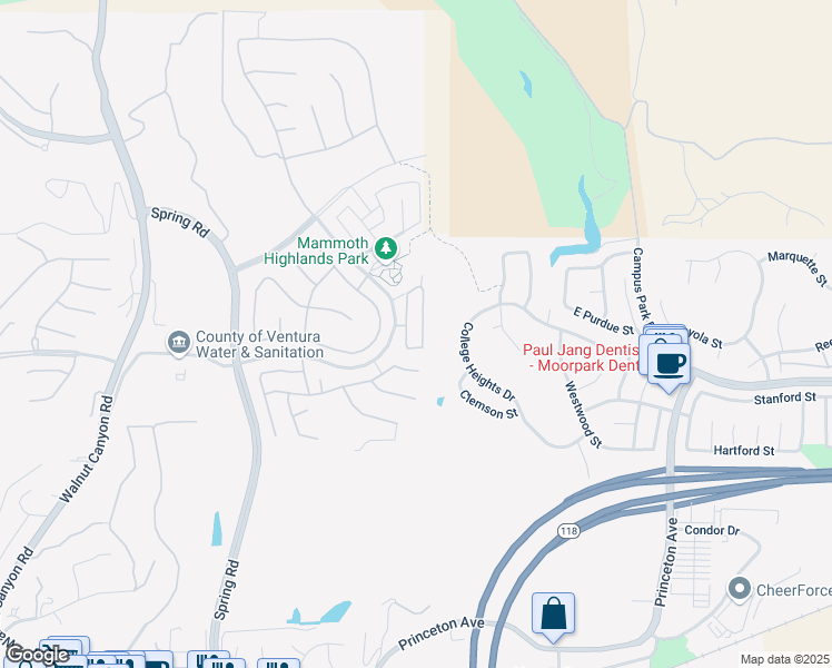 map of restaurants, bars, coffee shops, grocery stores, and more near 6807 Simmons Way in Moorpark