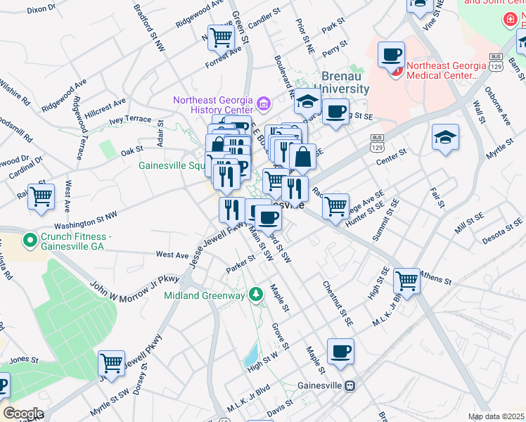 map of restaurants, bars, coffee shops, grocery stores, and more near 110 Jesse Jewell Parkway in Gainesville