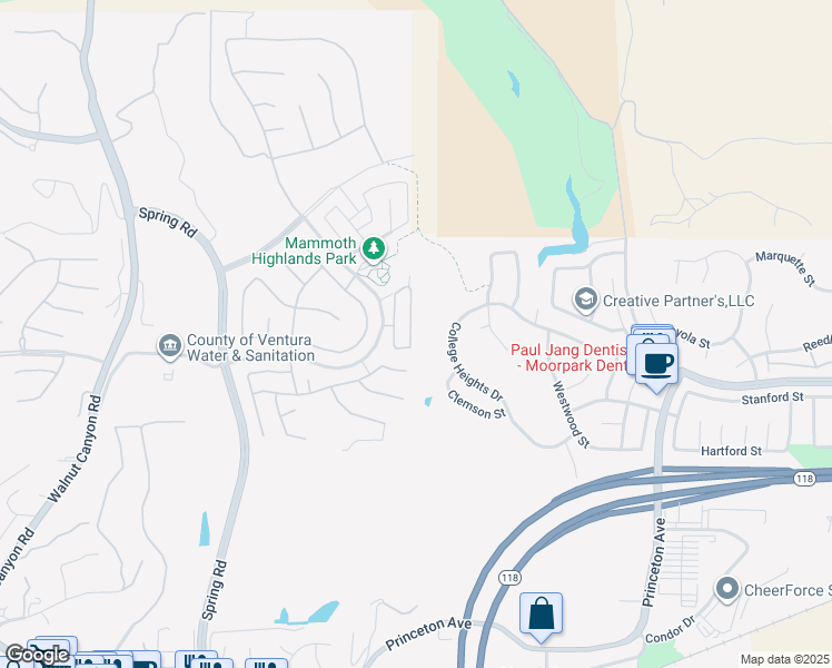 map of restaurants, bars, coffee shops, grocery stores, and more near 6802 Simmons Way in Moorpark