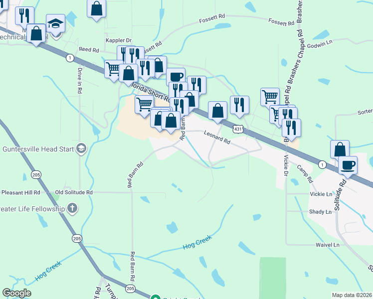 map of restaurants, bars, coffee shops, grocery stores, and more near 77 Miller Road in Guntersville