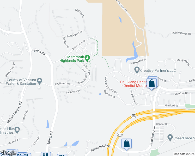 map of restaurants, bars, coffee shops, grocery stores, and more near 6802 Simmons Way in Moorpark