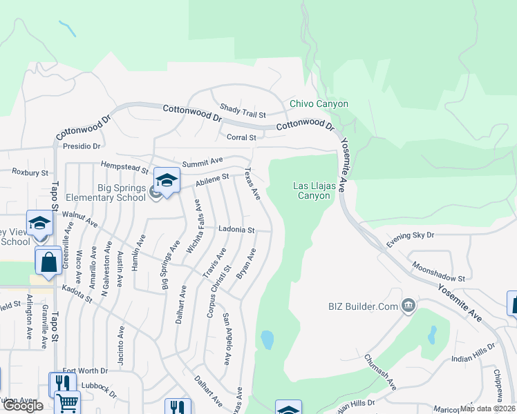 map of restaurants, bars, coffee shops, grocery stores, and more near 3475 Texas Avenue in Simi Valley