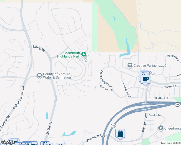 map of restaurants, bars, coffee shops, grocery stores, and more near 6807 Simmons Way in Moorpark