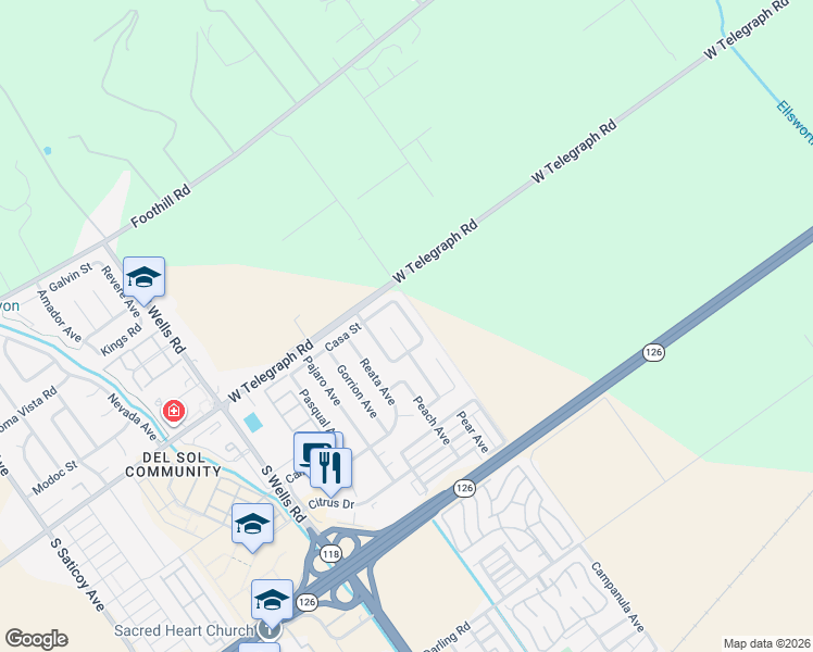 map of restaurants, bars, coffee shops, grocery stores, and more near 127 Date Avenue in Ventura