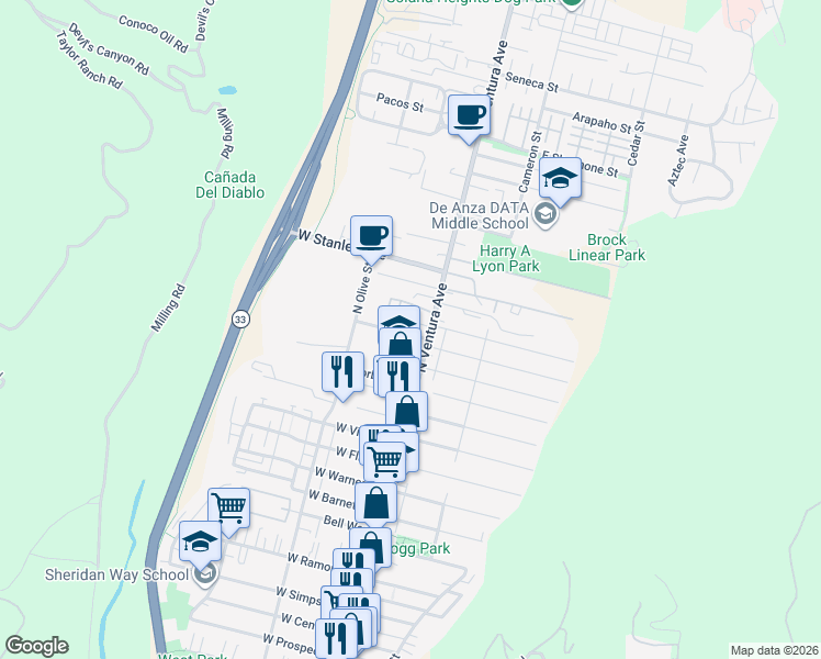 map of restaurants, bars, coffee shops, grocery stores, and more near 47 West McFarlane Drive in Ventura