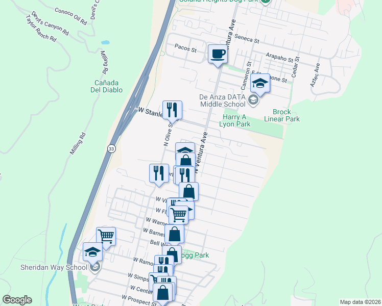 map of restaurants, bars, coffee shops, grocery stores, and more near 47 West McFarlane Drive in Ventura