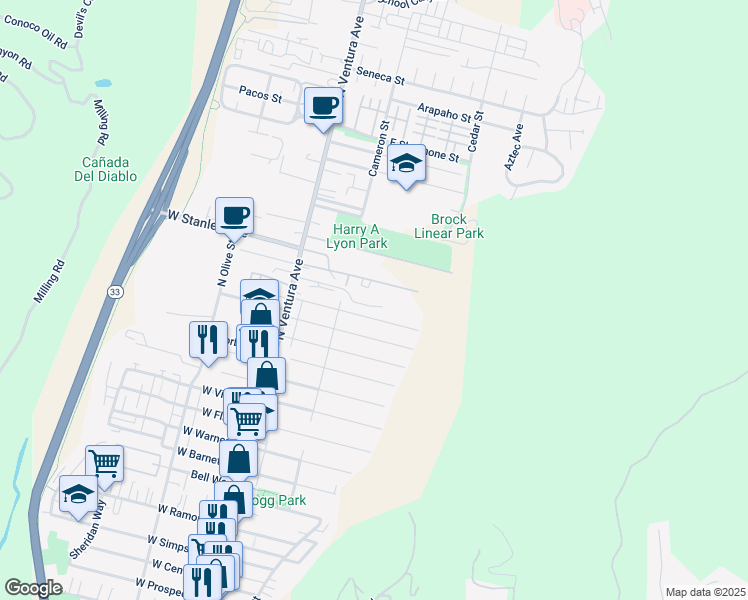 map of restaurants, bars, coffee shops, grocery stores, and more near 1750 North Ventura Avenue in Ventura