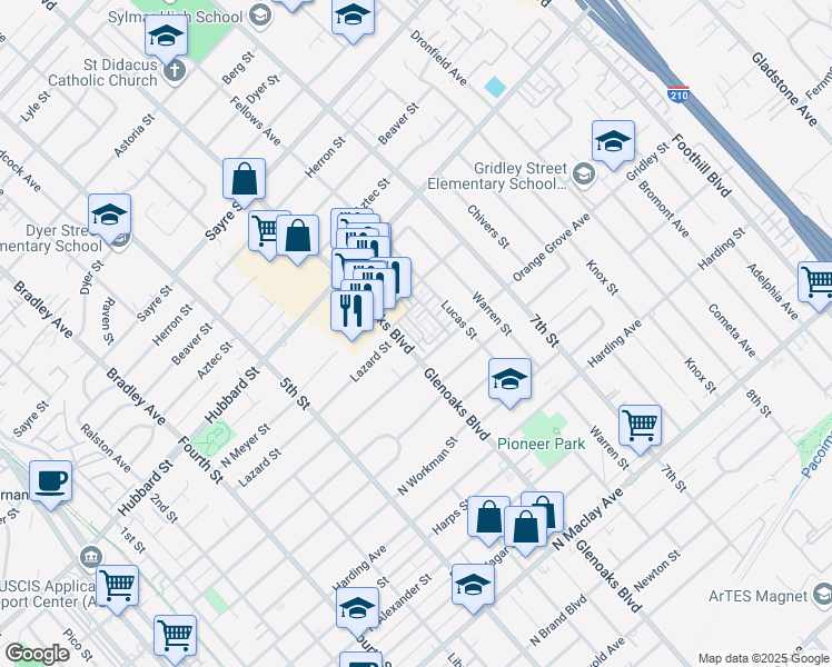 map of restaurants, bars, coffee shops, grocery stores, and more near 1933 Glenoaks Boulevard in San Fernando