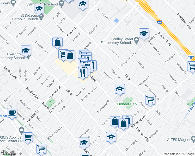 map of restaurants, bars, coffee shops, grocery stores, and more near 1940 Glenoaks Boulevard in San Fernando