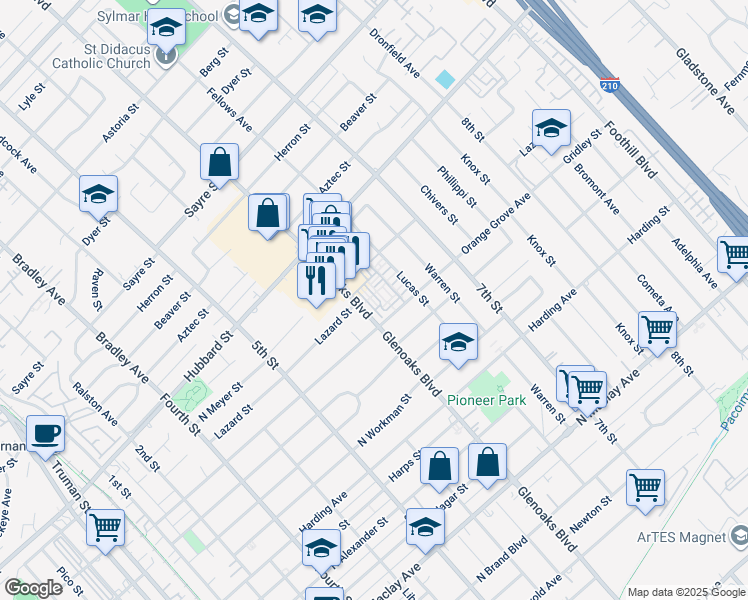 map of restaurants, bars, coffee shops, grocery stores, and more near 1949 Glenoaks Boulevard in San Fernando