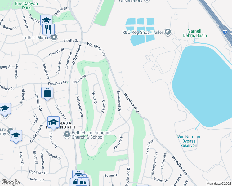 map of restaurants, bars, coffee shops, grocery stores, and more near 16417 Knollwood Drive in Los Angeles