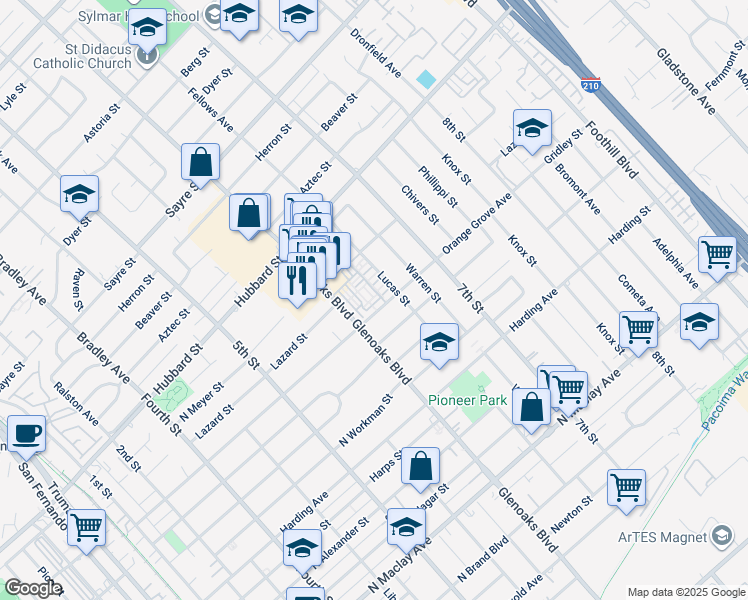 map of restaurants, bars, coffee shops, grocery stores, and more near 1921 Glenoaks Boulevard in San Fernando
