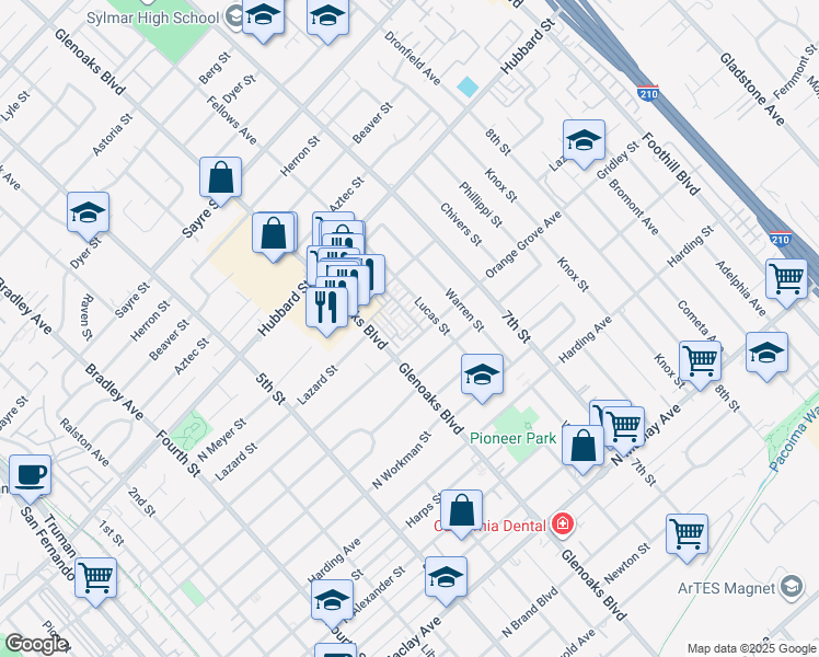 map of restaurants, bars, coffee shops, grocery stores, and more near 1921 Glenoaks Boulevard in San Fernando