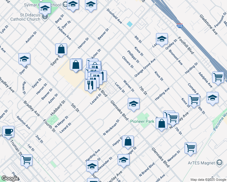 map of restaurants, bars, coffee shops, grocery stores, and more near 1941 Glenoaks Boulevard in San Fernando
