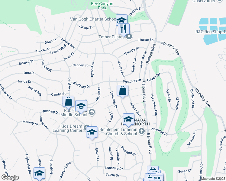 map of restaurants, bars, coffee shops, grocery stores, and more near 12451 Lithuania Drive in Los Angeles